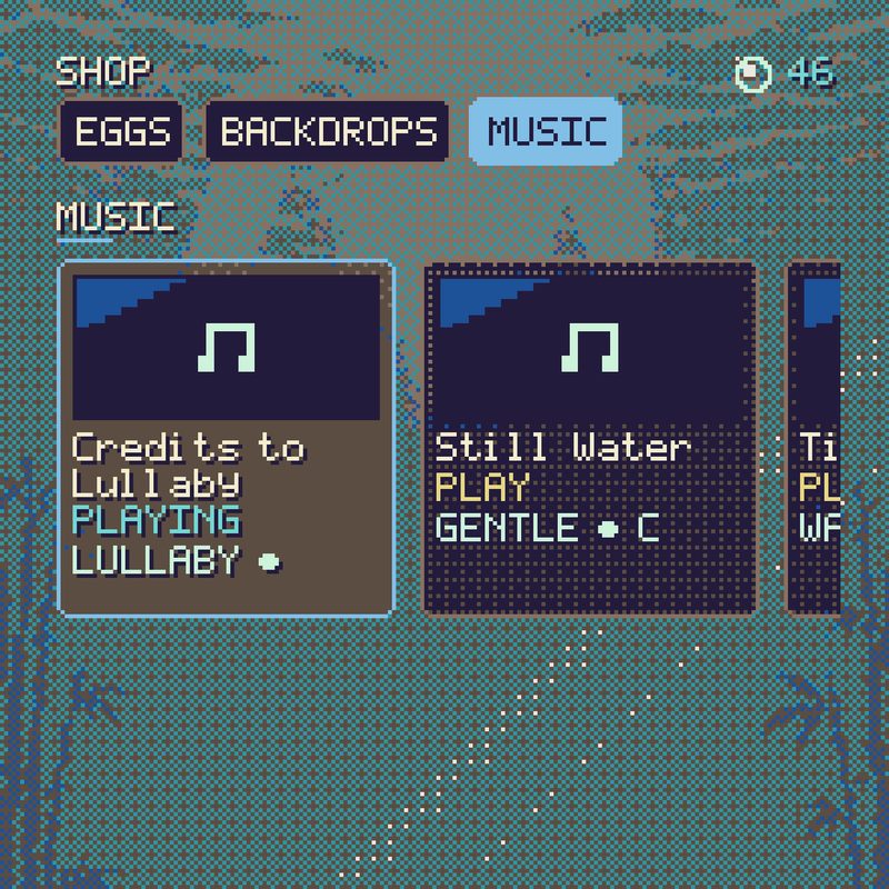 Finsprig's Shop on the Music tab, showing Credits to Lullaby playing and Still Water next to it