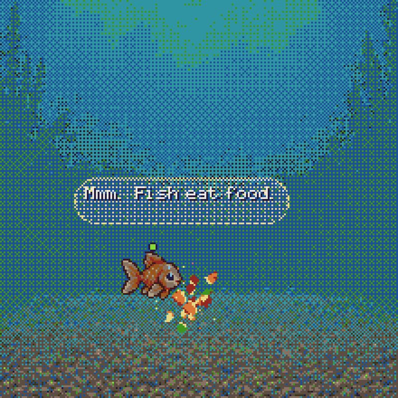 A goldfish swims down to eat food while a speech bubble says "Mmm. Fish eat food." The backdrop is mid cross-fade in dithered pixels