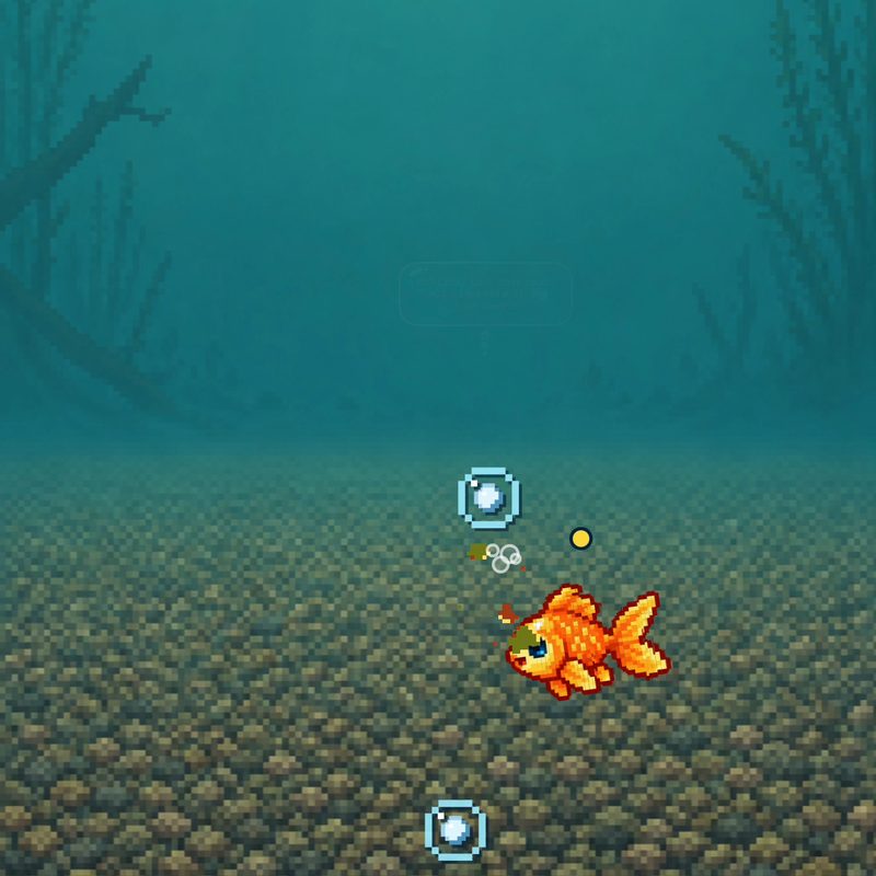 Finsprig the goldfish blowing pearl bubbles from his mouth over a pebbled tank floor