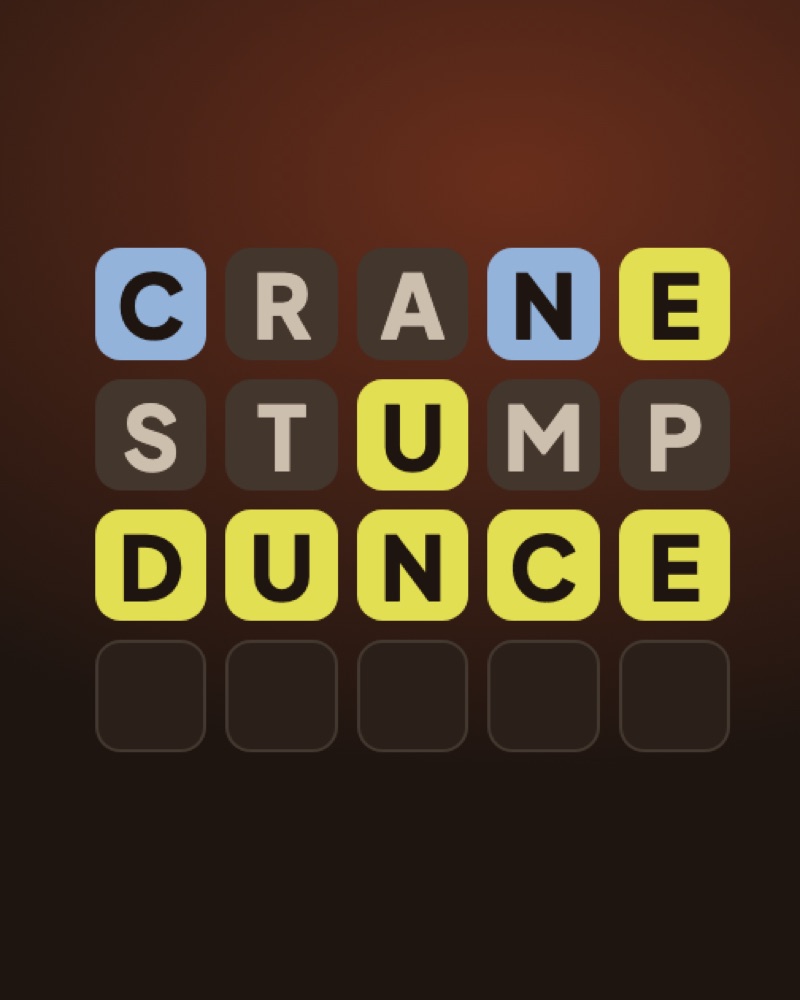 A DUNCE game board: two guesses, CRANE and STUMP, then the answer DUNCE in yellow tiles